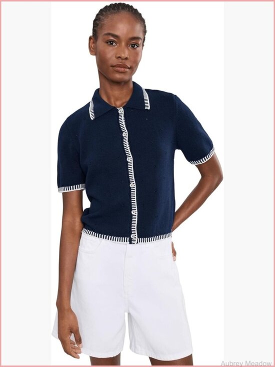 Sweaters - Short Sleeve Pointelle Contrast Stitch Cardigan